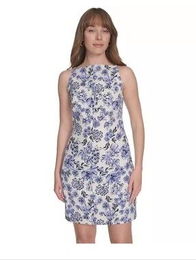 Tommy Hilfiger Petite 2P Blue Floral Sleeveless Shift Dress White Spring Summer